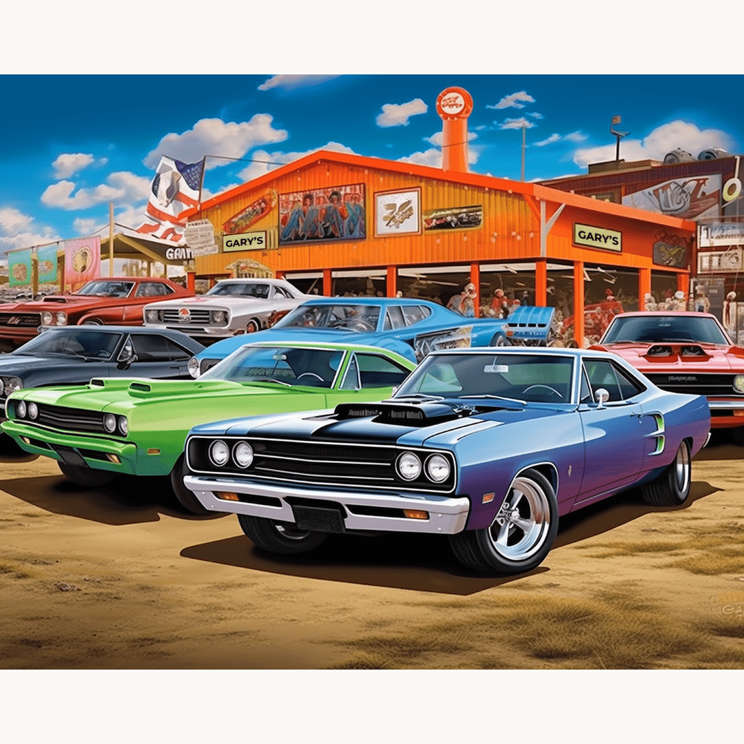 The image showcases a lineup of four distinct muscle cars parked side by side on a dirt surface, possibly at a racing event or a car show.