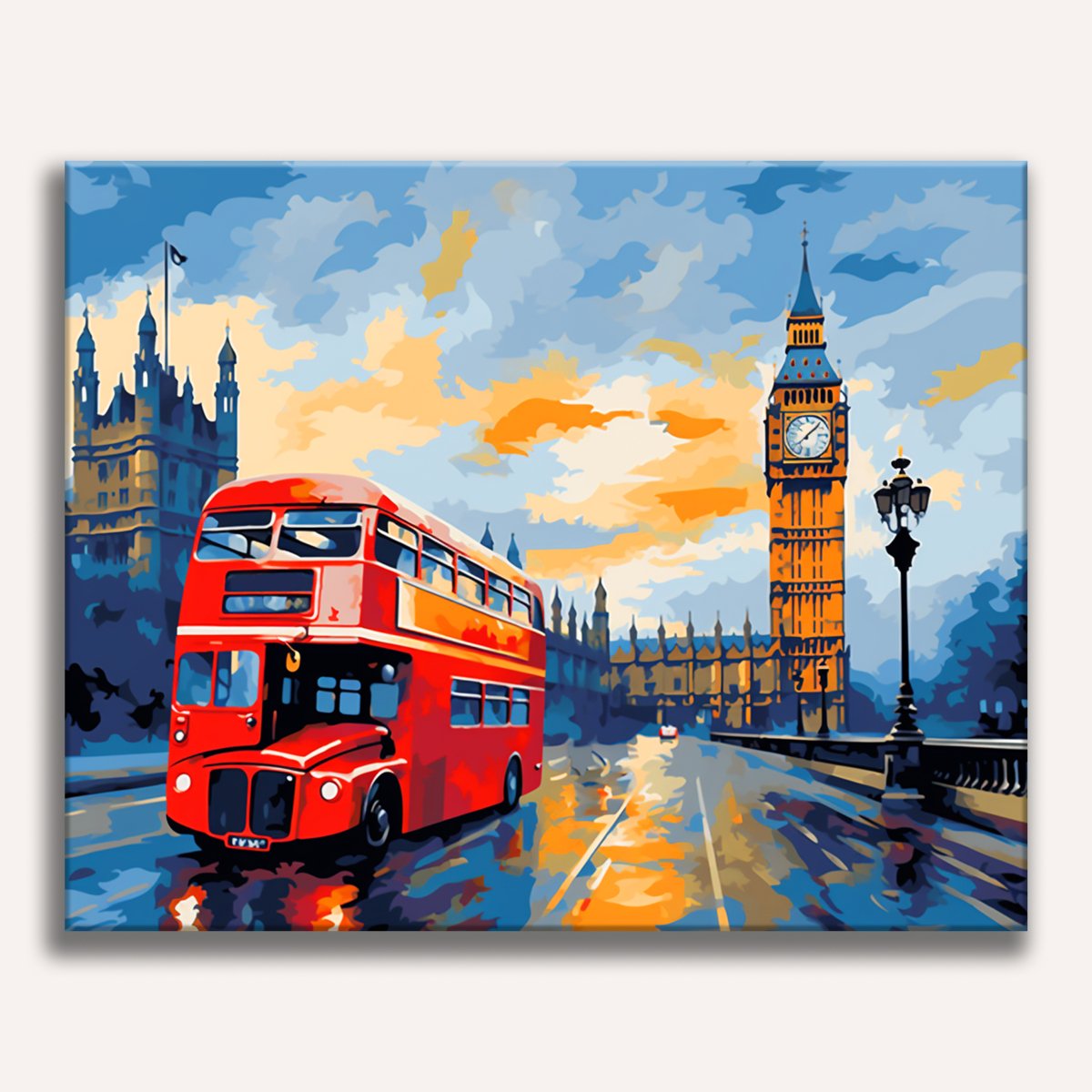 A vibrant double-decker bus travels down a rainy London street, captured on canvas.