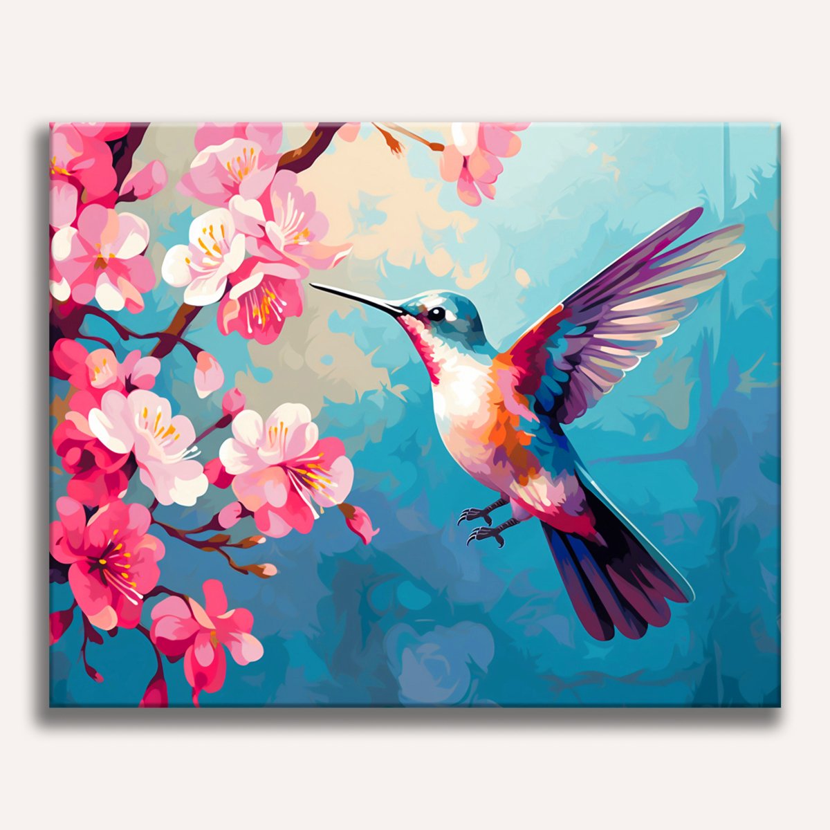 In the image, a colorful parrot with vibrant feathers, possibly pink or magenta, is perched on a branch adorned with cherry blossoms.