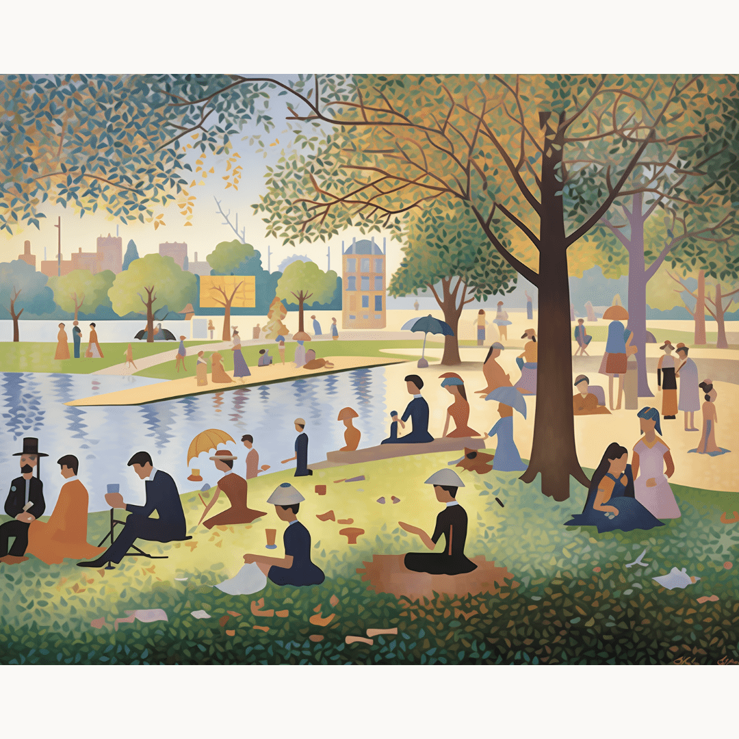 The image presents a vibrant scene from a park by a river.