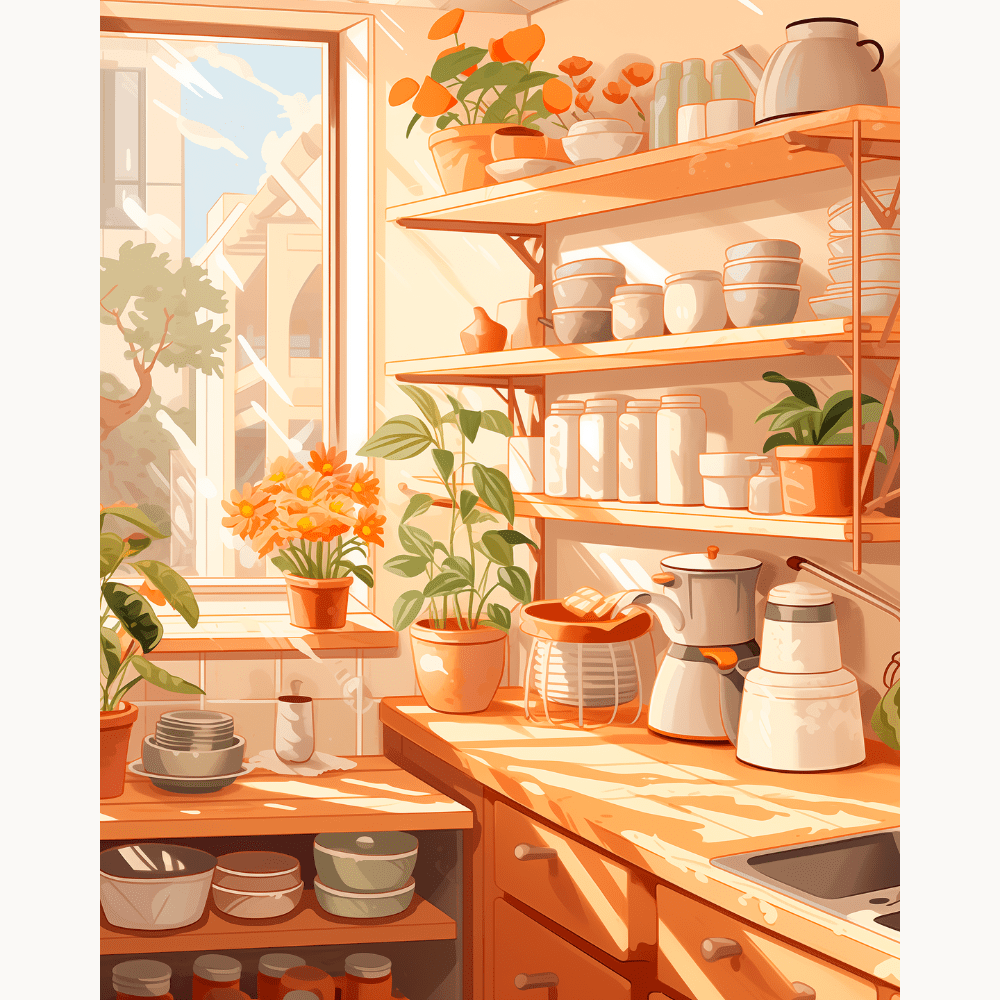 A warm and cozy kitchen scene, featuring an abundance of potted plants, a neatly arranged window sill, and various kitchen items such as dishes, jars, and a kettle on the stove.