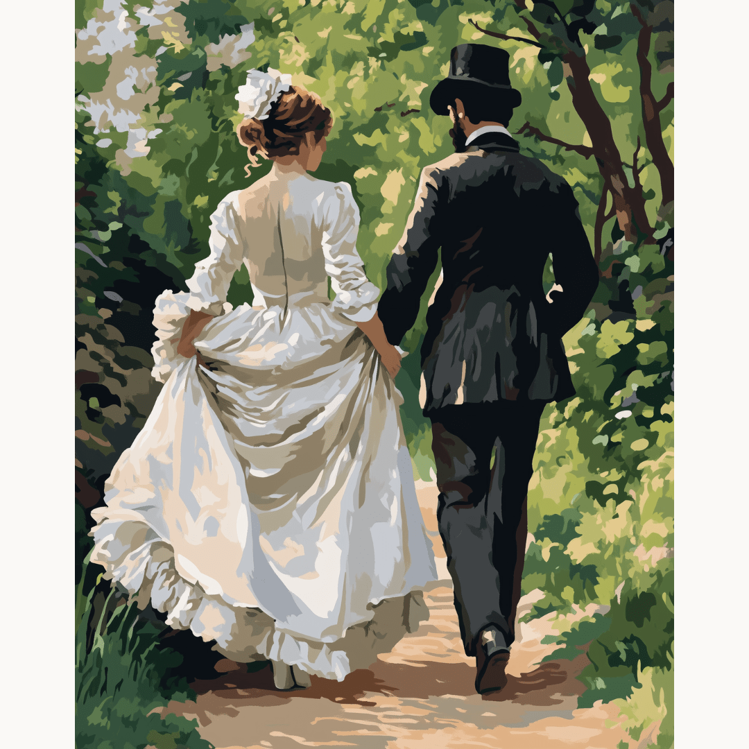 In the image, a man and woman are captured in a moment of romantic stroll.