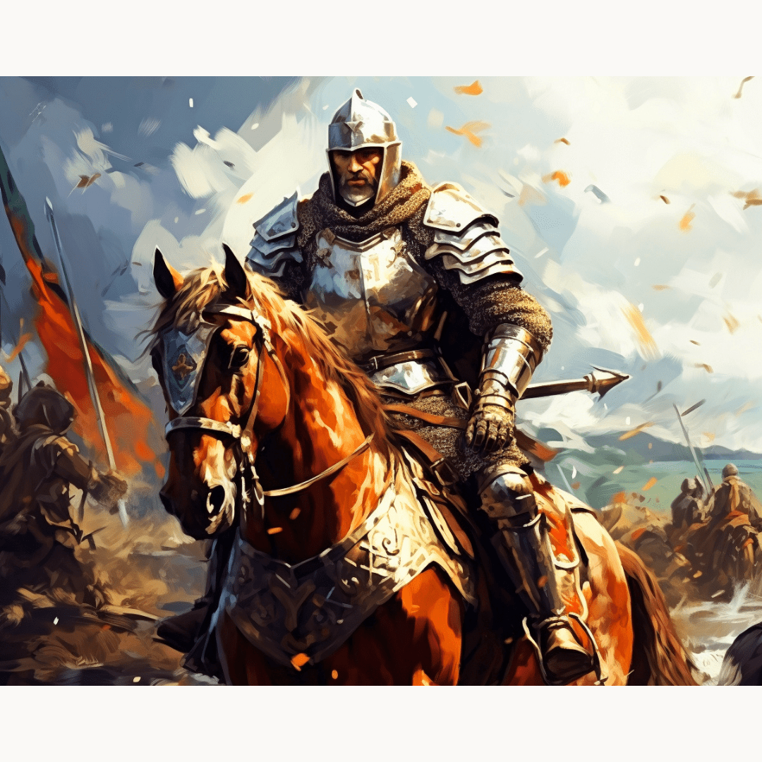 The image portrays a knight on horseback, charging into battle amidst a cloudy sky.