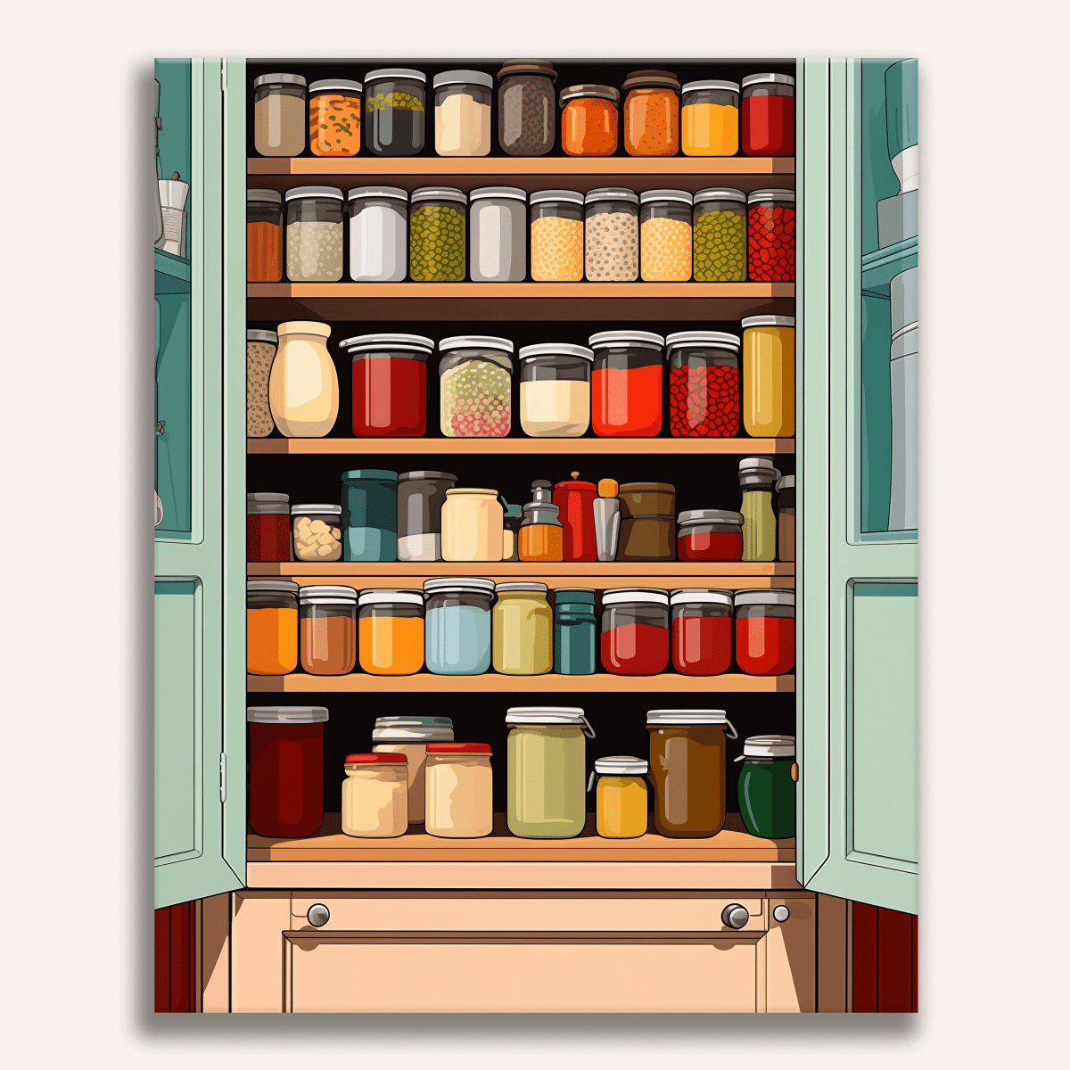 The image showcases a well-stocked pantry filled with various jars and containers, each containing different items such as pickles, pasta, canned goods, and baking supplies.