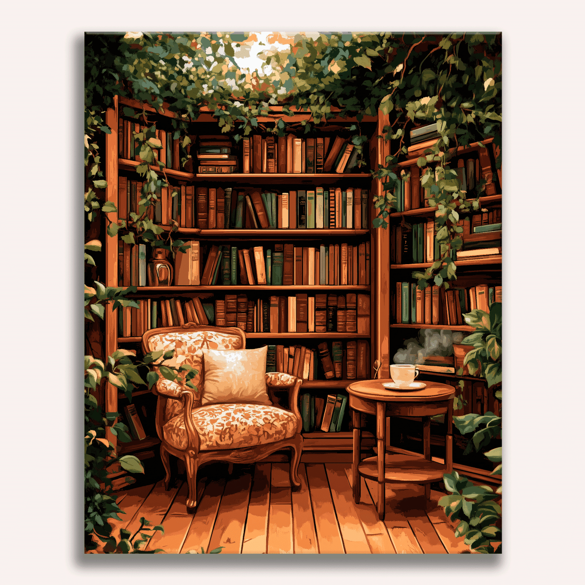 This image presents a tranquil scene set within an indoor space that resembles a library or study room.