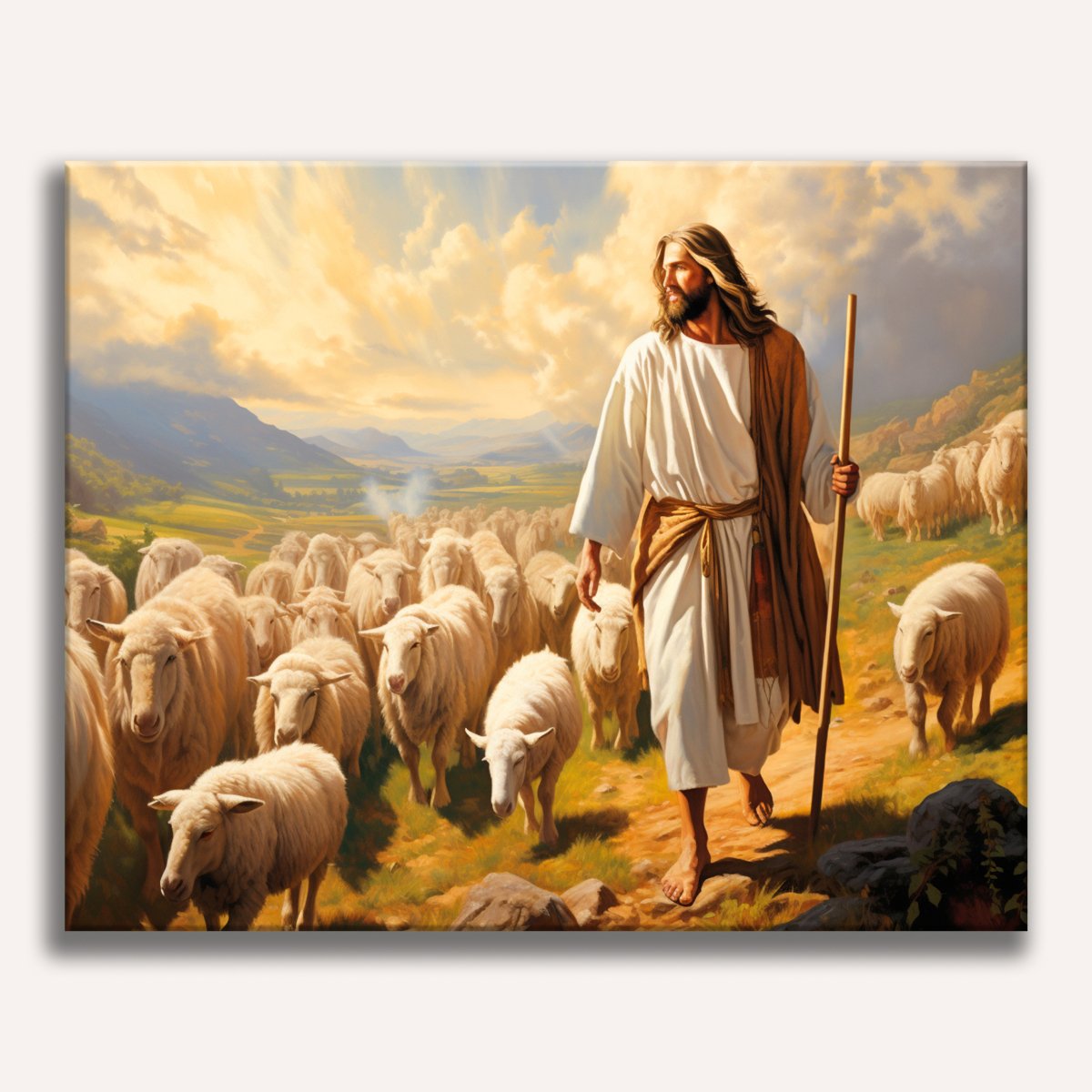 A biblical scene features a shepherd with a staff, leading a flock of sheep across a pasture..