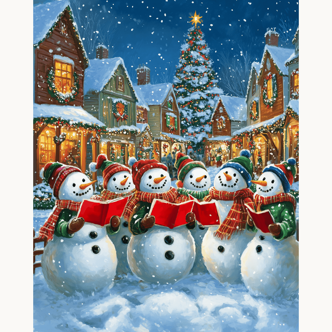 In the heart of a charming Christmas village, a group of snowmen stands together on a street adorned with twinkling lights.