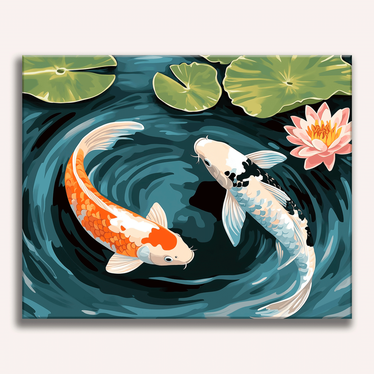 In the tranquil underwater scene, two koi fish are swimming amidst lily pads and a small aquatic plant.