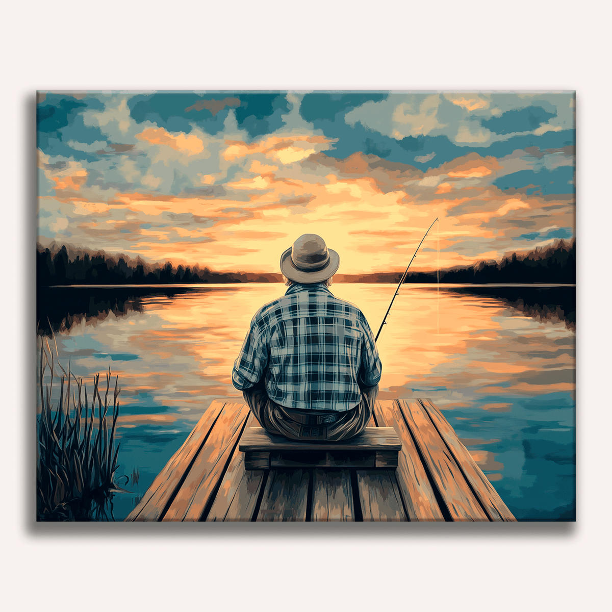 A man in a plaid shirt sits on a wooden dock at dusk, gazing out across a calm lake under a dramatic sky.