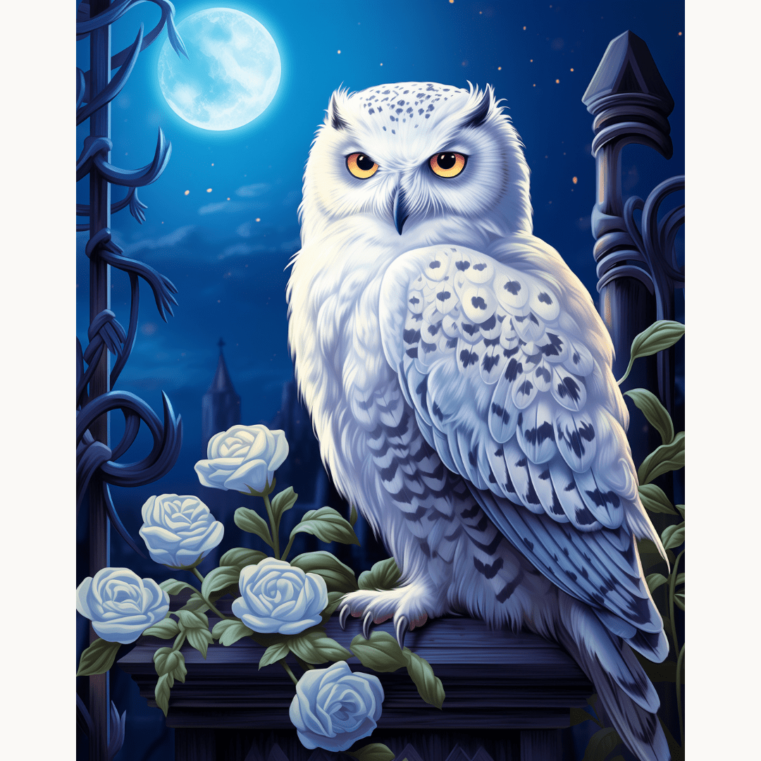 In the image, a majestic white owl with spotted feathers and glowing eyes is perched on a ledge.