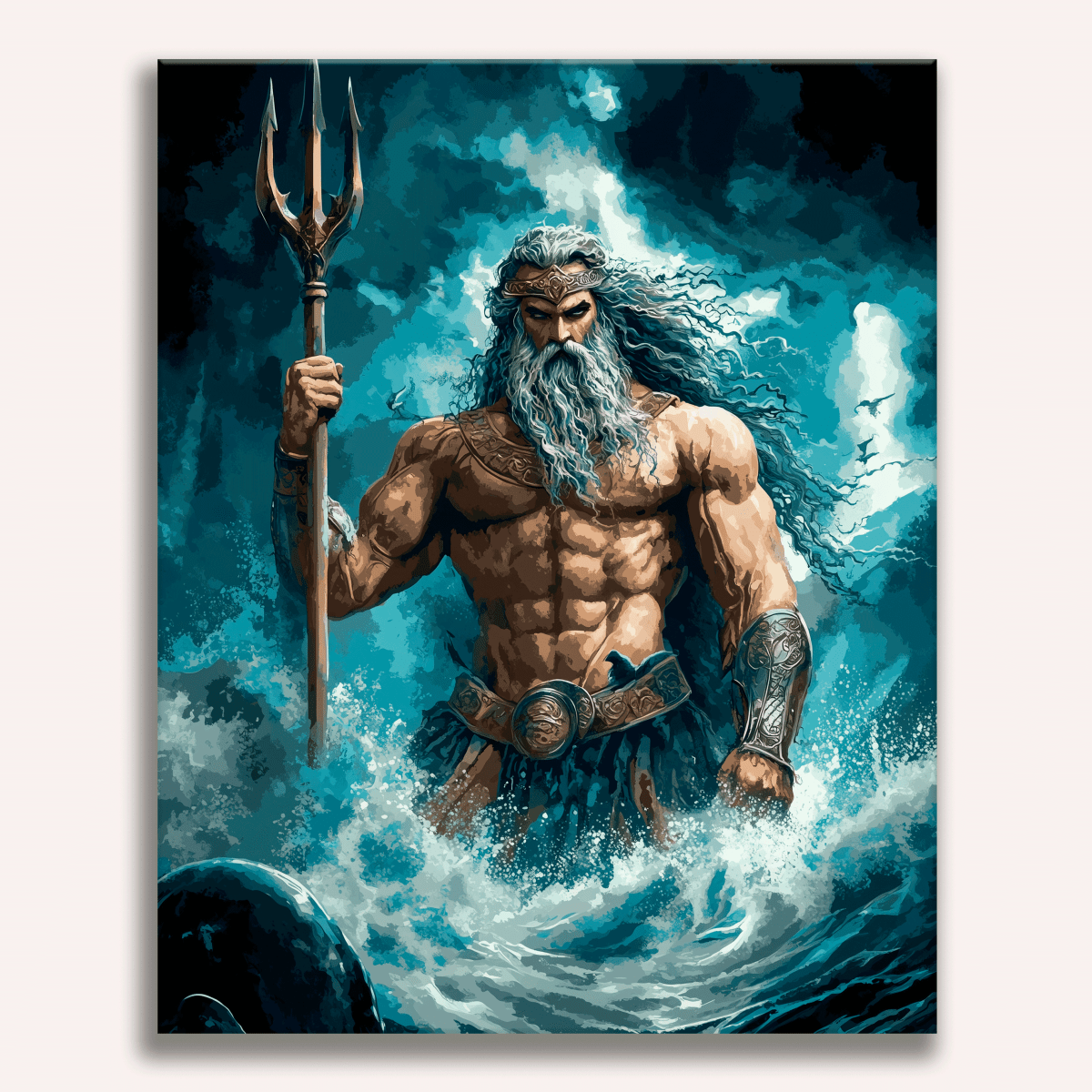 The image portrays a muscular man with long hair and a beard, standing amidst rough seas that evoke a stormy atmosphere.