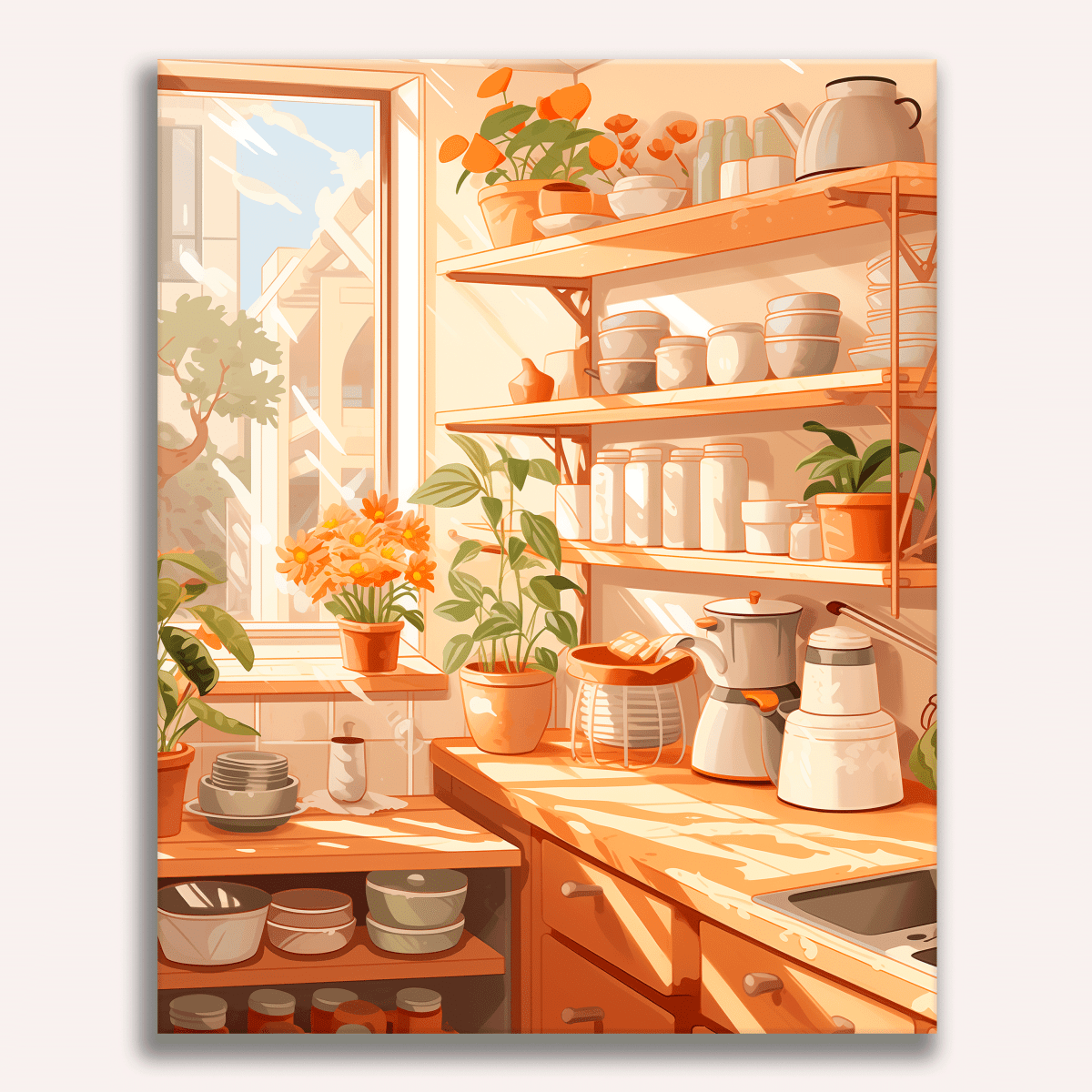 A warm and cozy kitchen scene, featuring an abundance of potted plants, a neatly arranged window sill, and various kitchen items such as dishes, jars, and a kettle on the stove.