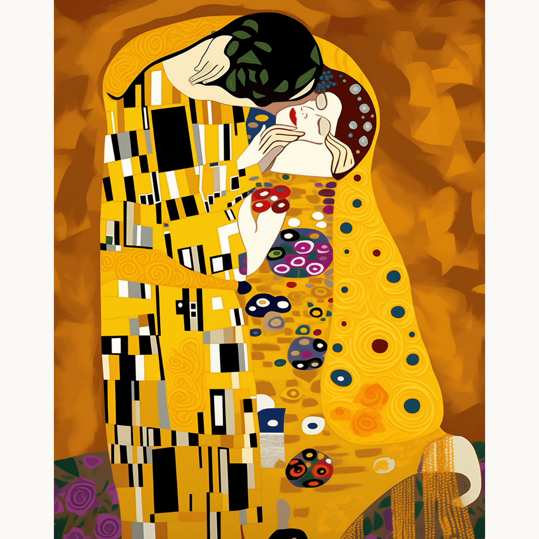 A couple embracing passionately in a warmly lit room adorned with abstract art.