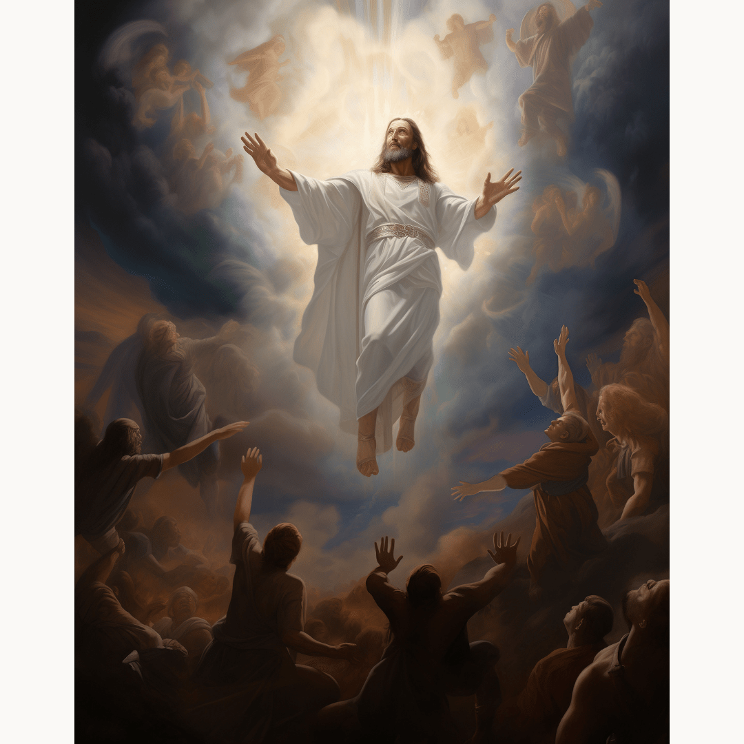 A vividly colored religious artwork depicts a scene with a central figure suspended in mid-air, radiating divine light.