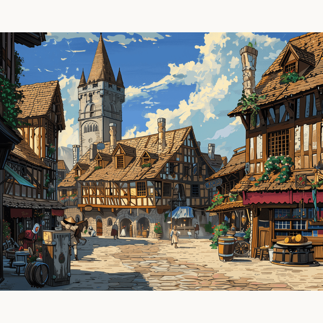 A painting depicts a quaint European village scene.