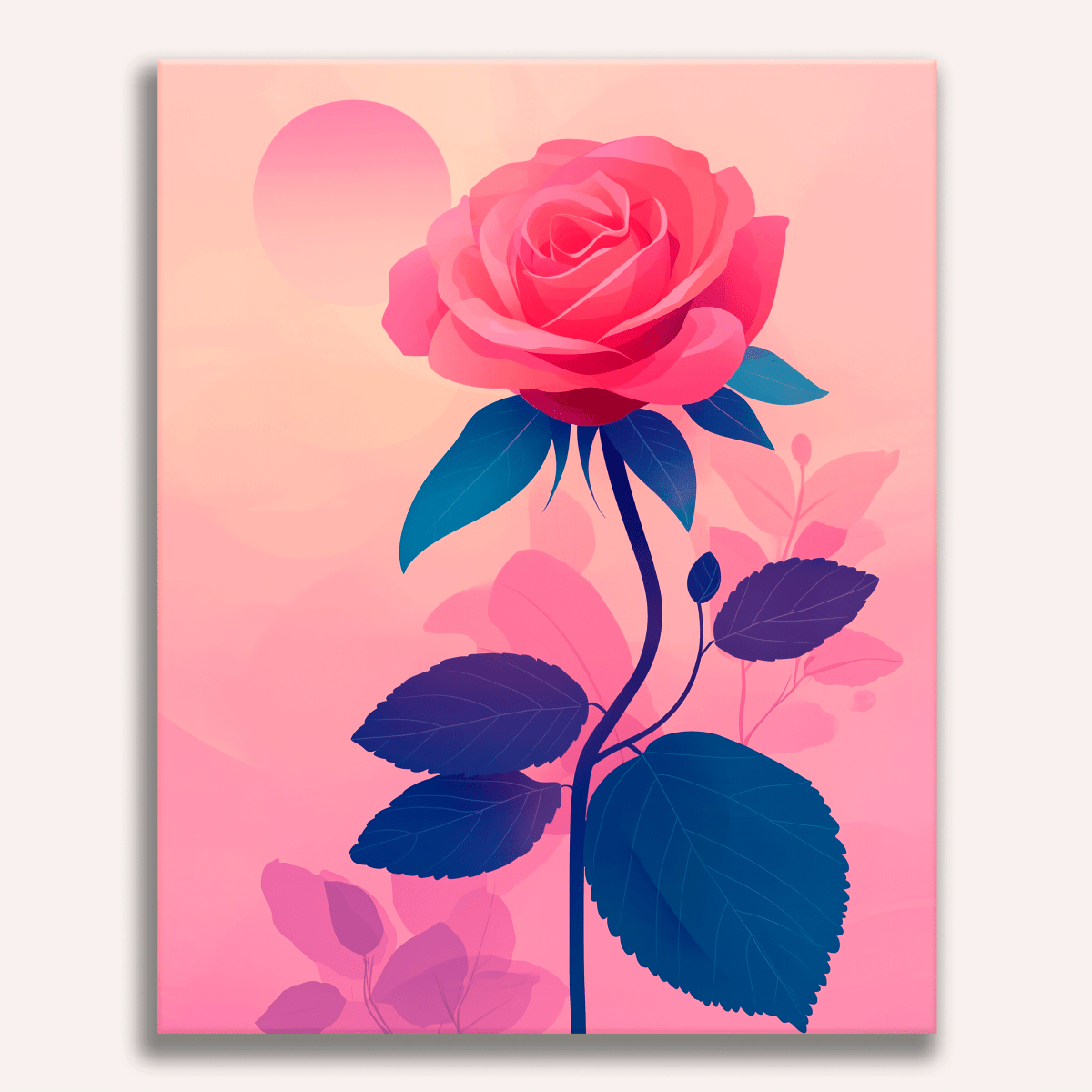 The image depicts a vibrant pink rose with green leaves, prominently positioned against a soft gradient background that transitions from light orange at the top to darker hues at the bottom..