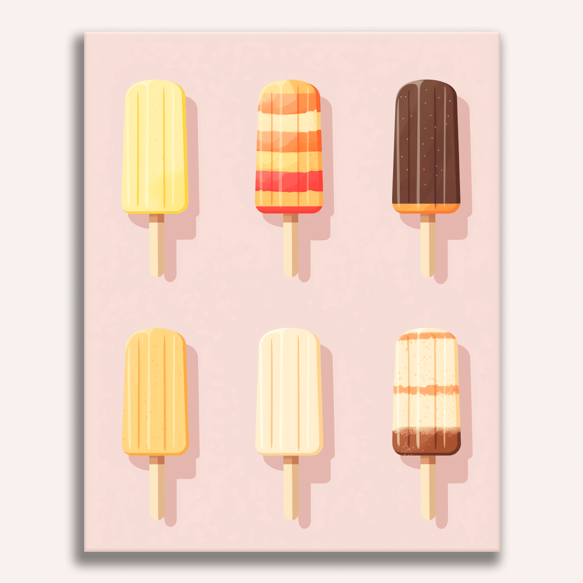 A flat lay poster showcasing a variety of six ice pops with different flavors, arranged on a pink surface.