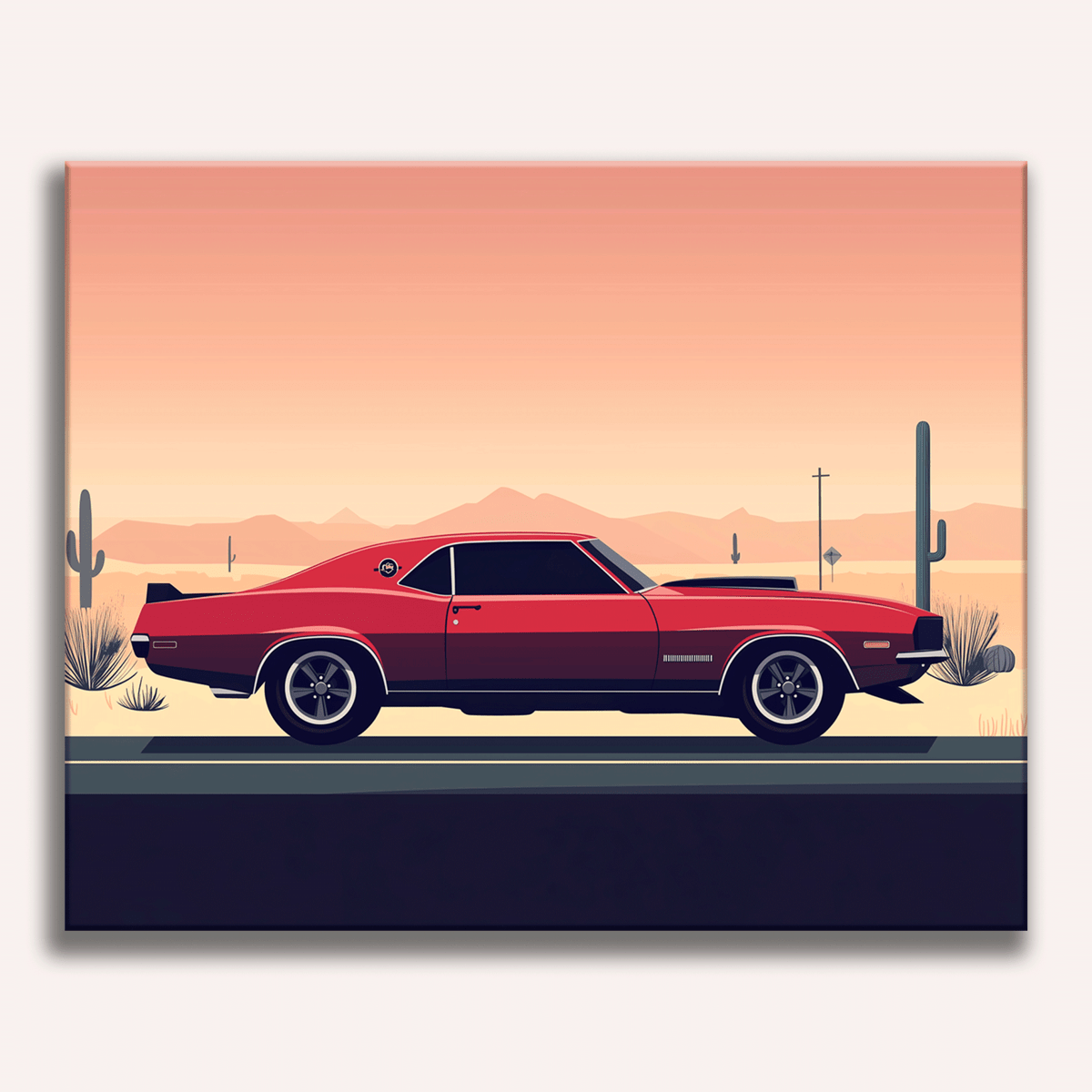 A digital artwork poster of a classic muscle car, possibly a Pontiac GTO or similar model, styled with retro 70s aesthetics, parked on the side of a desert highway, under a clear sky at sunset, with silhouettes of cacti and mountains in the background..