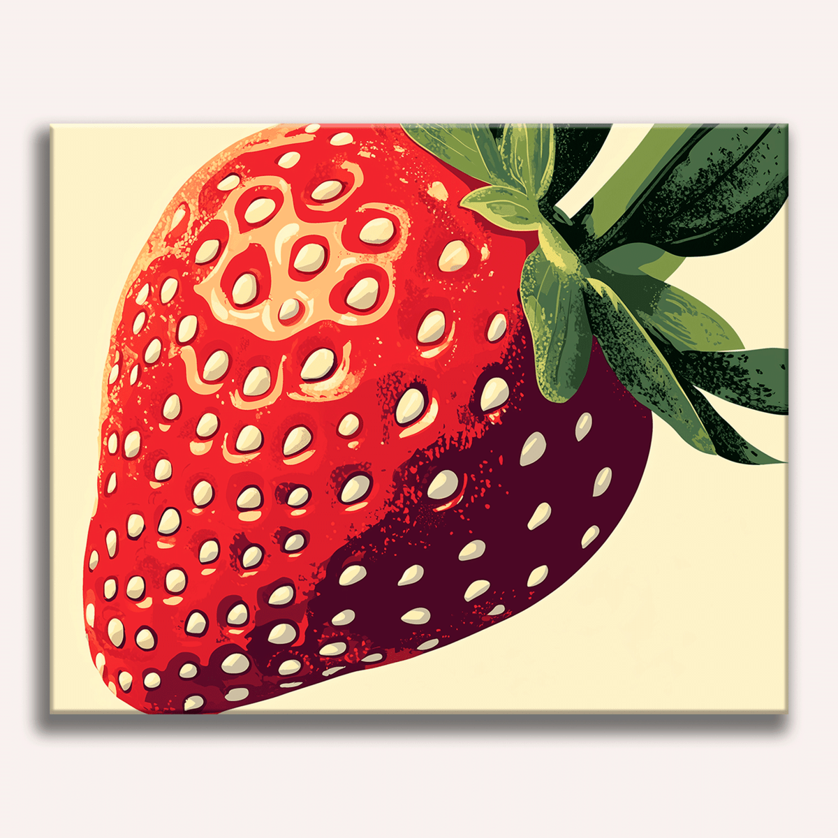 The image features a vibrant red strawberry with small holes on its surface, prominently displayed against a white background..