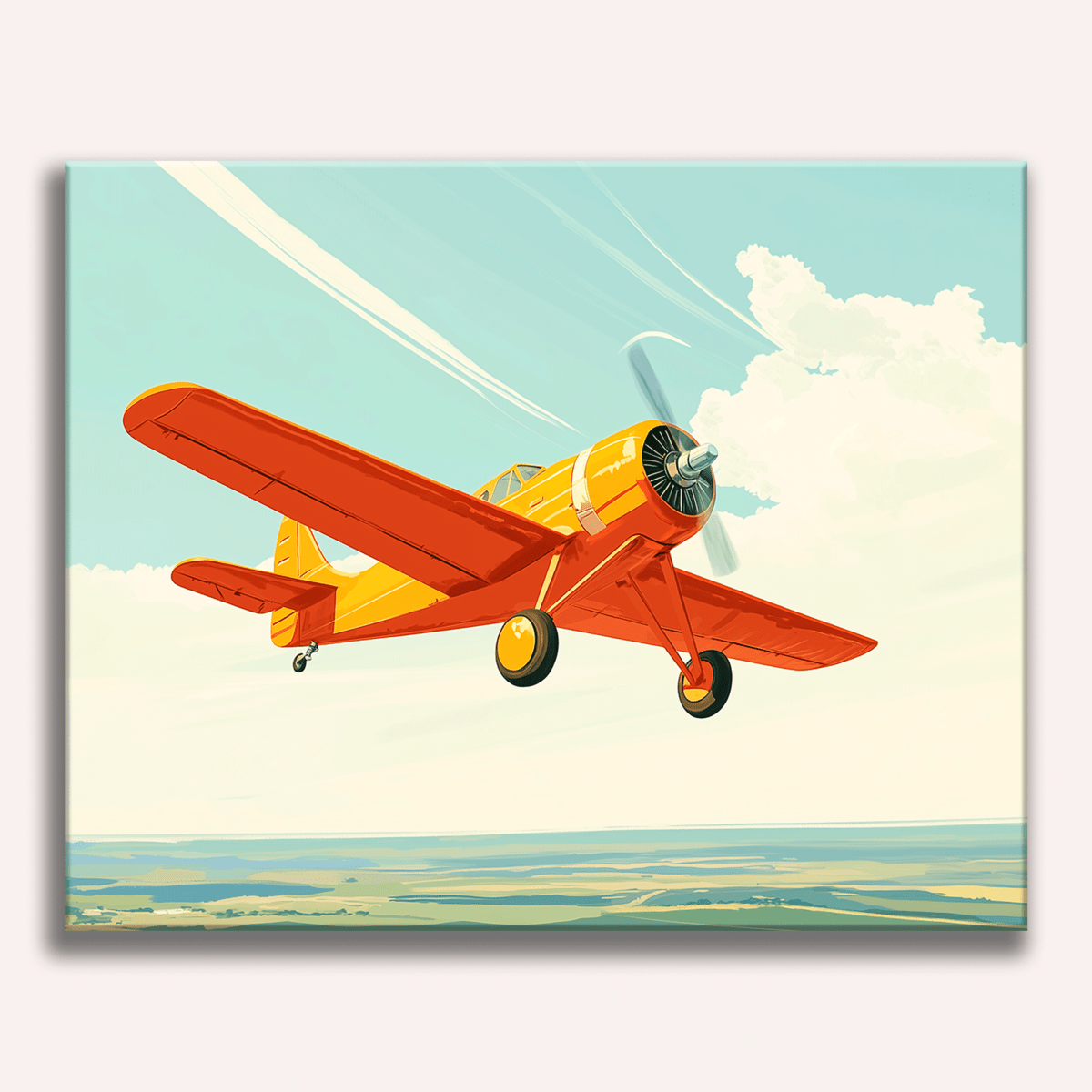 In the given image, a vintage red airplane takes flight against a clear sky backdrop.