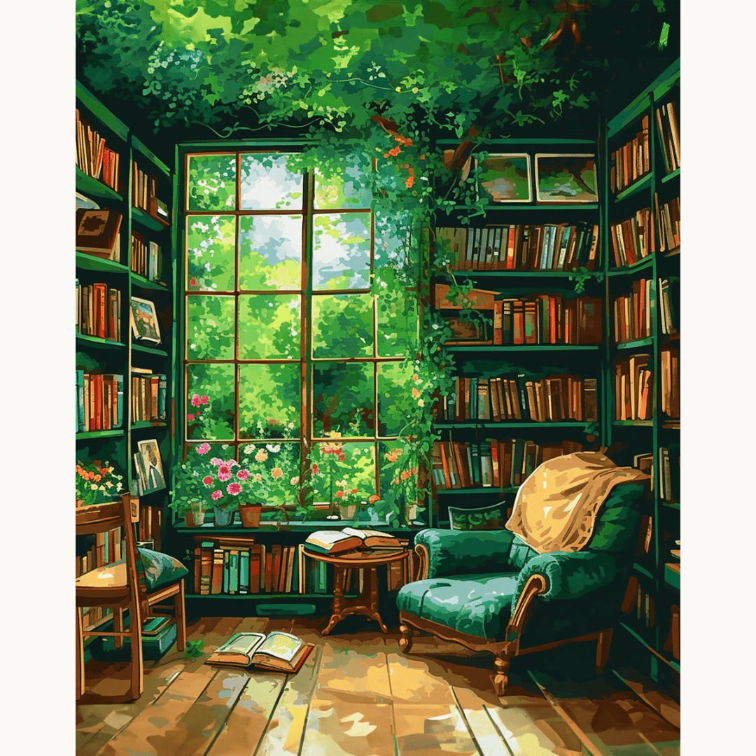 This is an image of a serene and cozy library room.