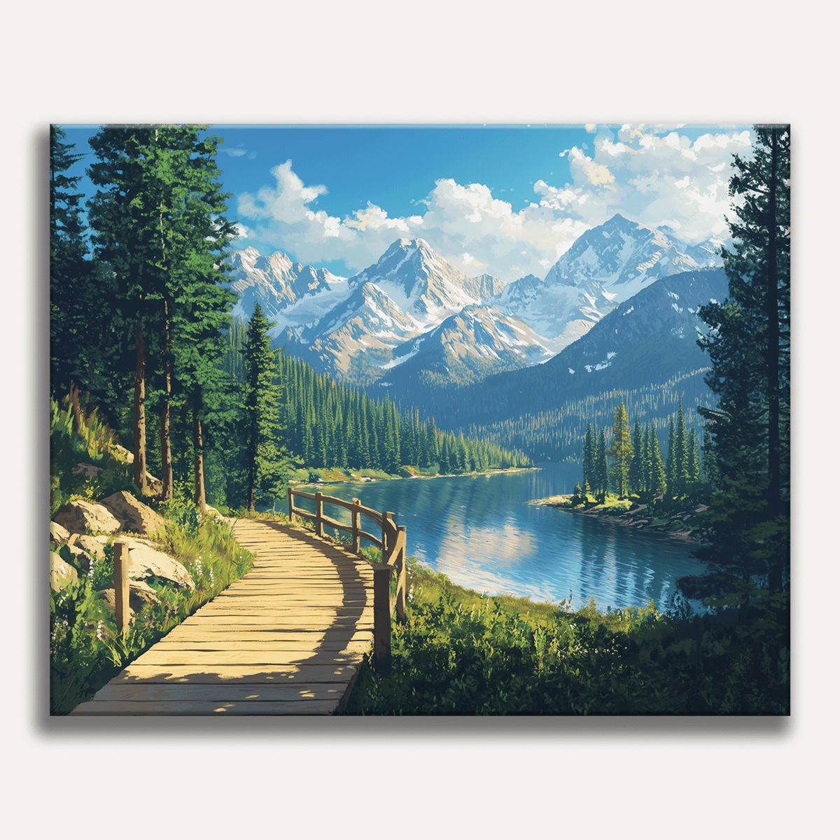 The image presents a serene landscape featuring a wooden trail that meanders through a verdant forest toward a tranquil lake nestled against towering mountains.