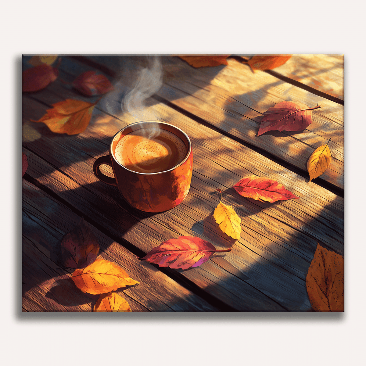 The image portrays a cozy autumn scene on a wooden tabletop.