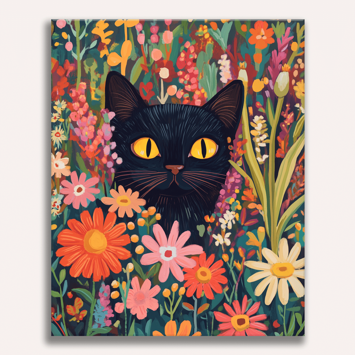 A stylized, colorful illustration featuring a black cat sitting amidst a vibrant array of wildflowers, including daisies and coneflowers, against a backdrop of various flowering plants..