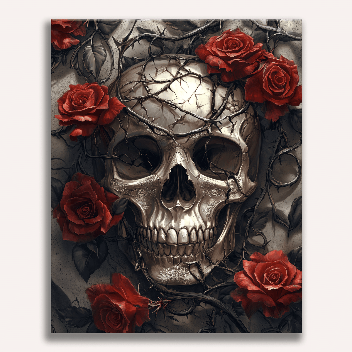 A black and white illustration showcases a skull wearing a crown made of vines adorned with red roses, set against a backdrop featuring more roses..