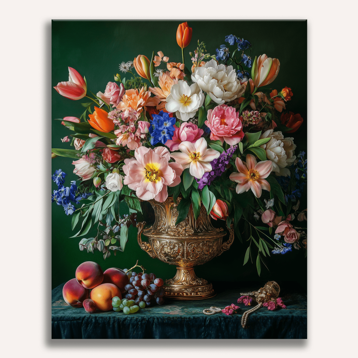 A vibrant bouquet of flowers in full bloom sits atop a gold-colored pedestal on a dark blue surface.