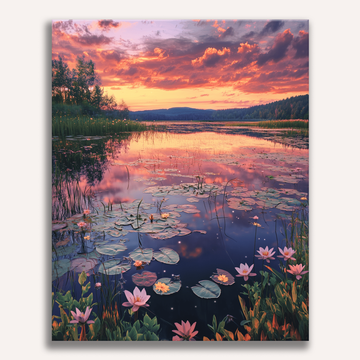 The image portrays a serene natural landscape at sunset.