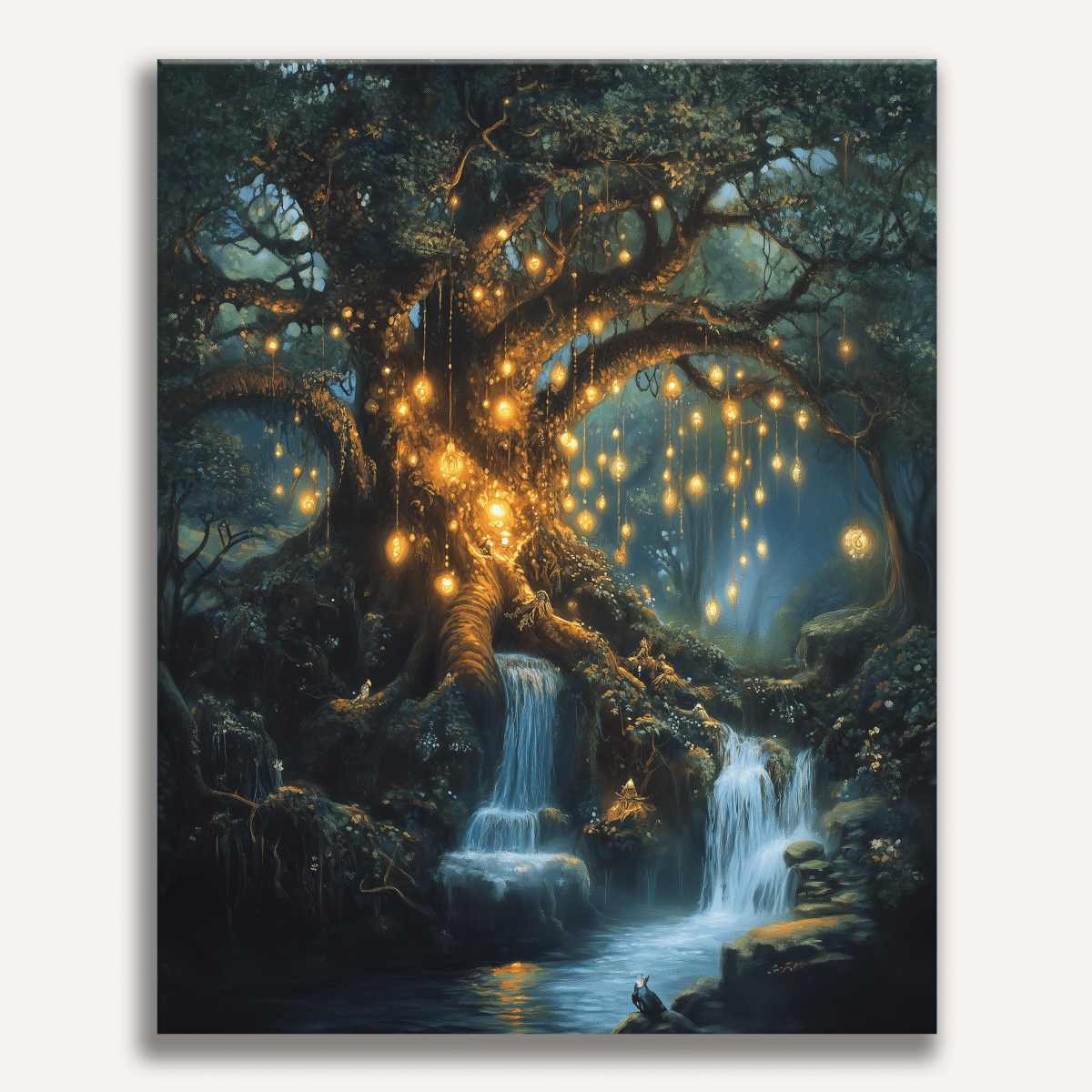 This is a vertical artwork depicting an enchanting forest scene at night.