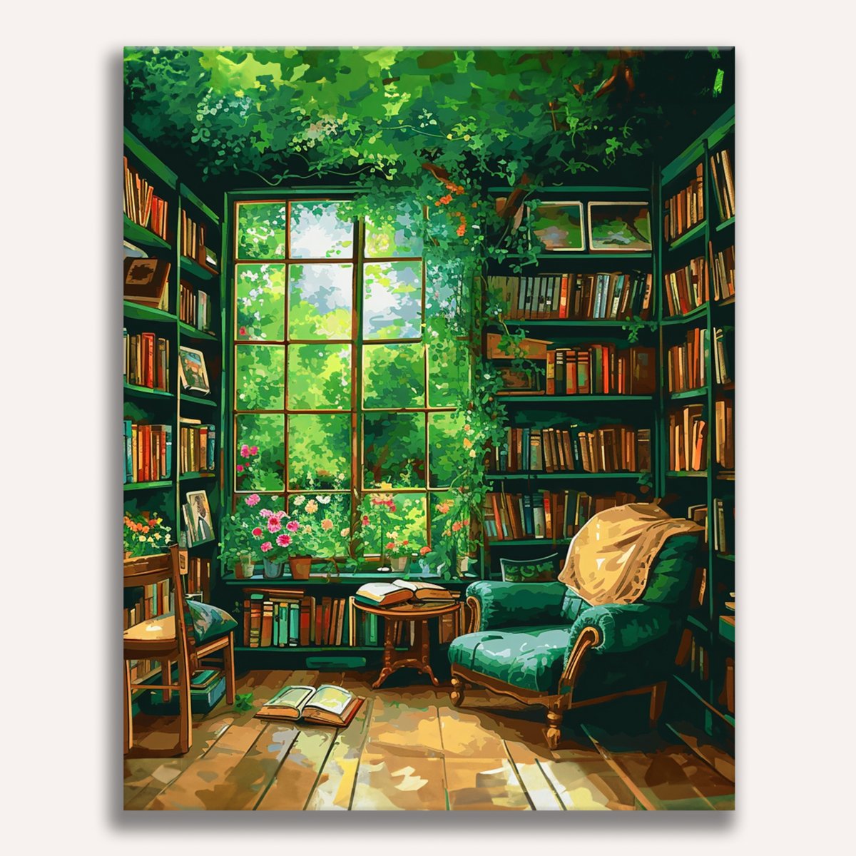 This is an image of a serene and cozy library room.