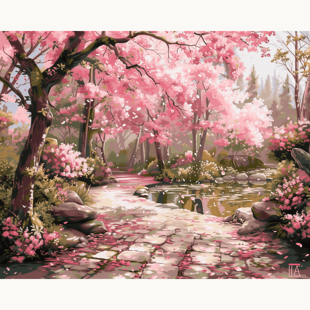 A digital painting depicts a serene woodland scene with a stone path leading through a vibrant display of blooming cherry blossoms.