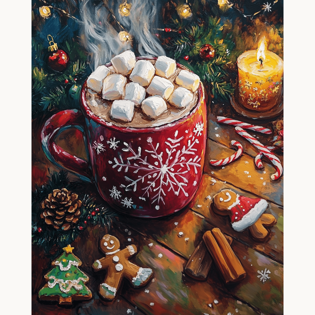 This image depicts a festive scene featuring a cup of cocoa garnished with marshmallows and chocolate shavings.