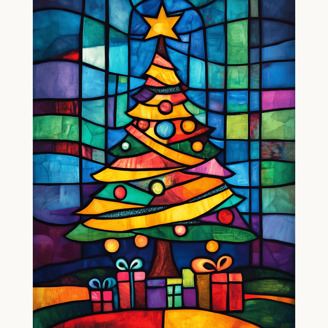 The image presents a vibrant stained glass window featuring a Christmas tree and an angel at its top.