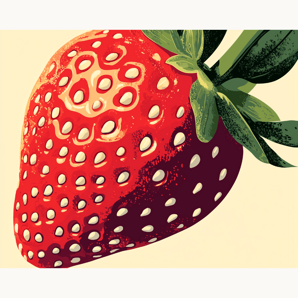 The image features a vibrant red strawberry with small holes on its surface, prominently displayed against a white background..