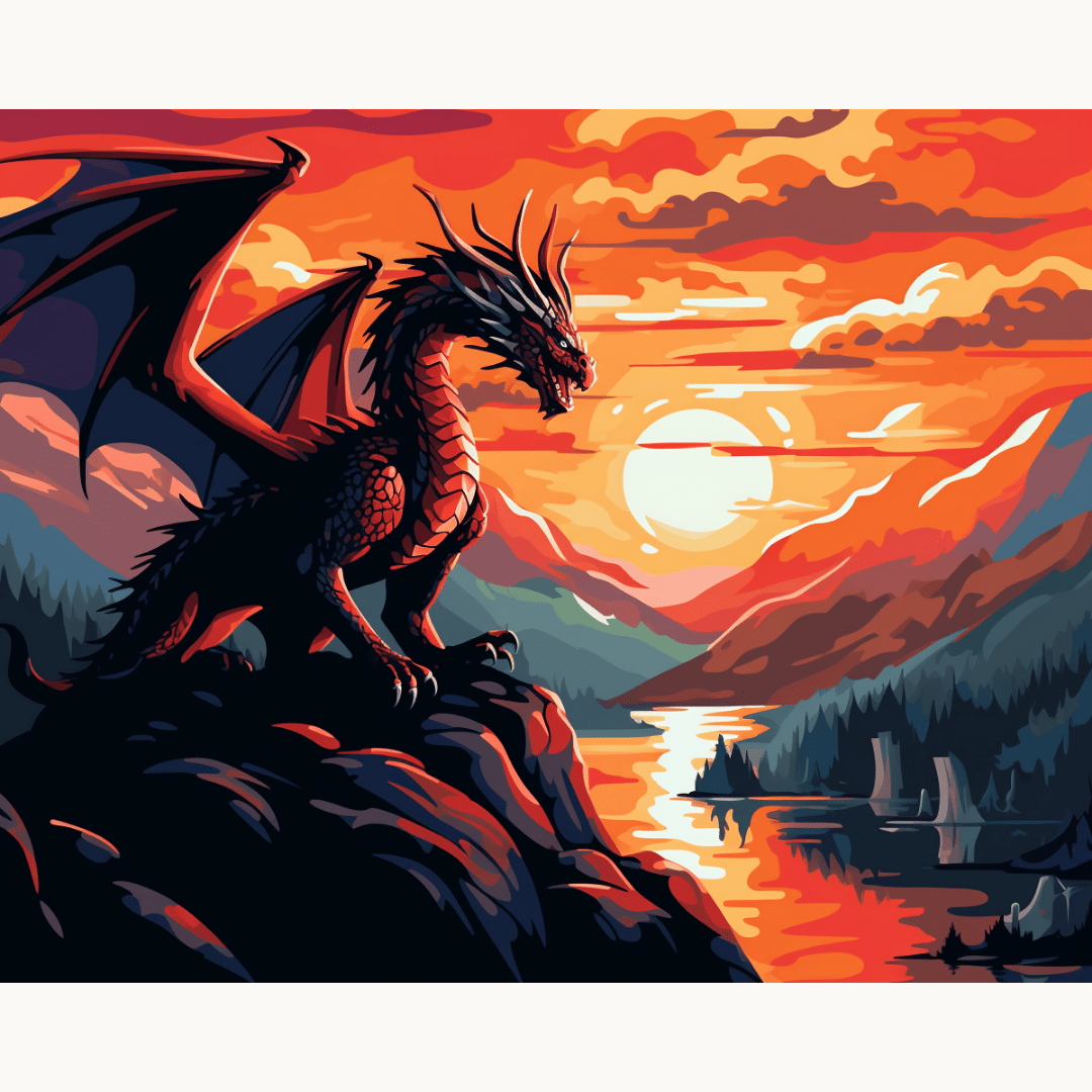 In the image, a majestic dragon stands on a cliff overlooking a serene lake under a vibrant sunset.