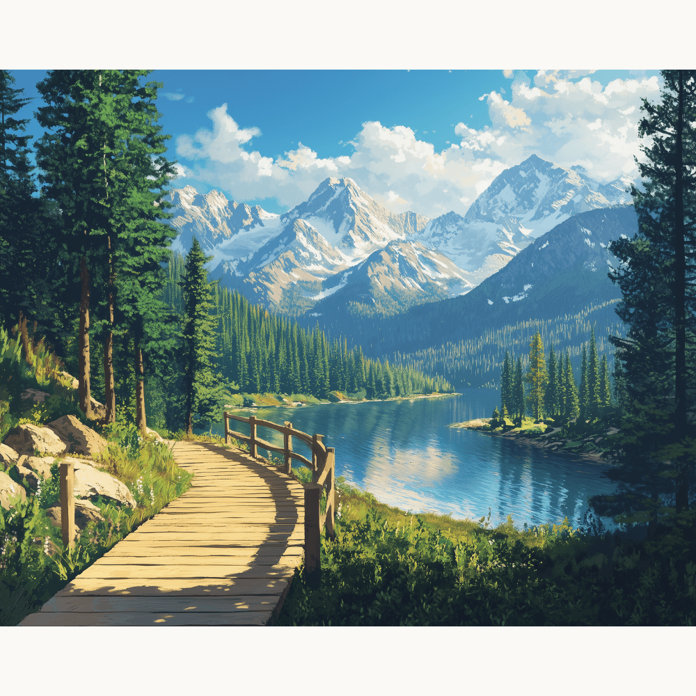 The image presents a serene landscape featuring a wooden trail that meanders through a verdant forest toward a tranquil lake nestled against towering mountains.