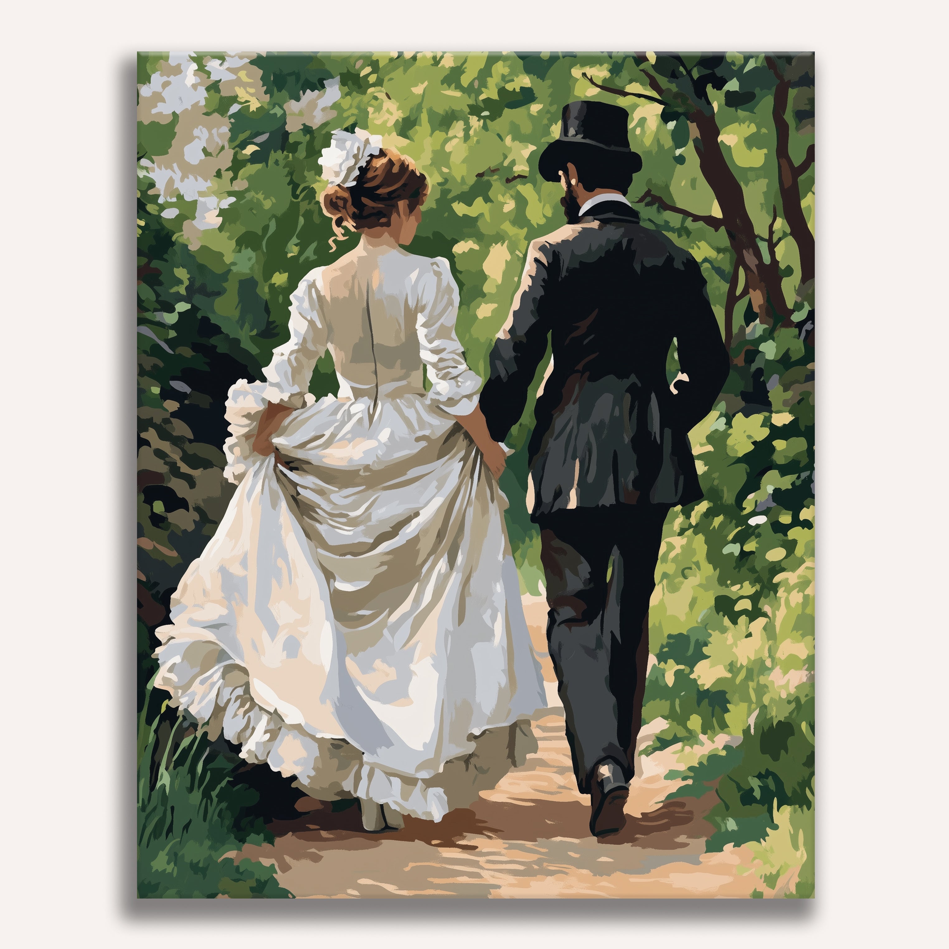 In the image, a man and woman are captured in a moment of romantic stroll.