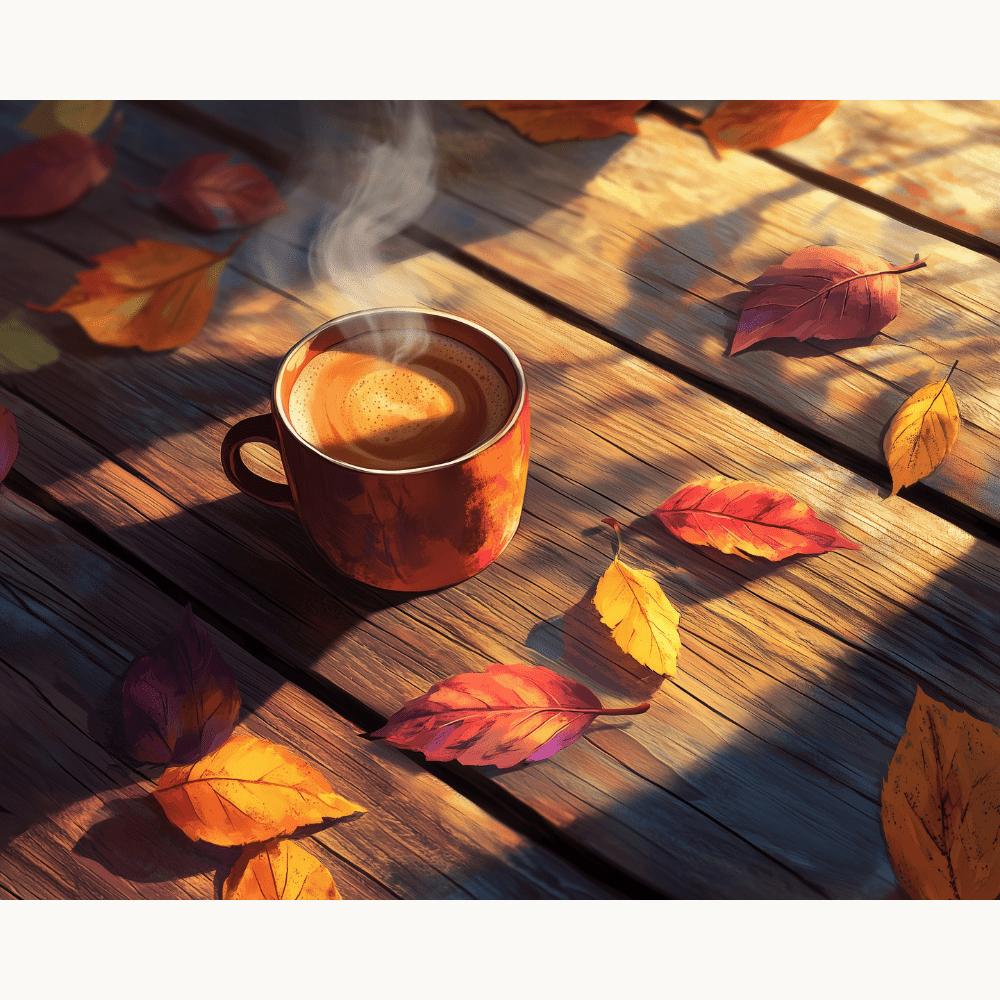 The image portrays a cozy autumn scene on a wooden tabletop.