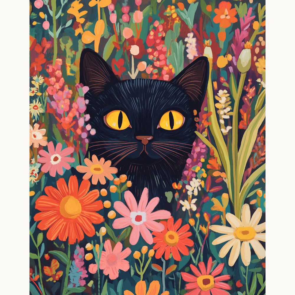 A stylized, colorful illustration featuring a black cat sitting amidst a vibrant array of wildflowers, including daisies and coneflowers, against a backdrop of various flowering plants..