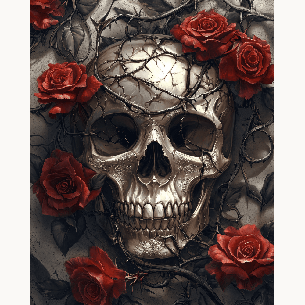 A black and white illustration showcases a skull wearing a crown made of vines adorned with red roses, set against a backdrop featuring more roses..