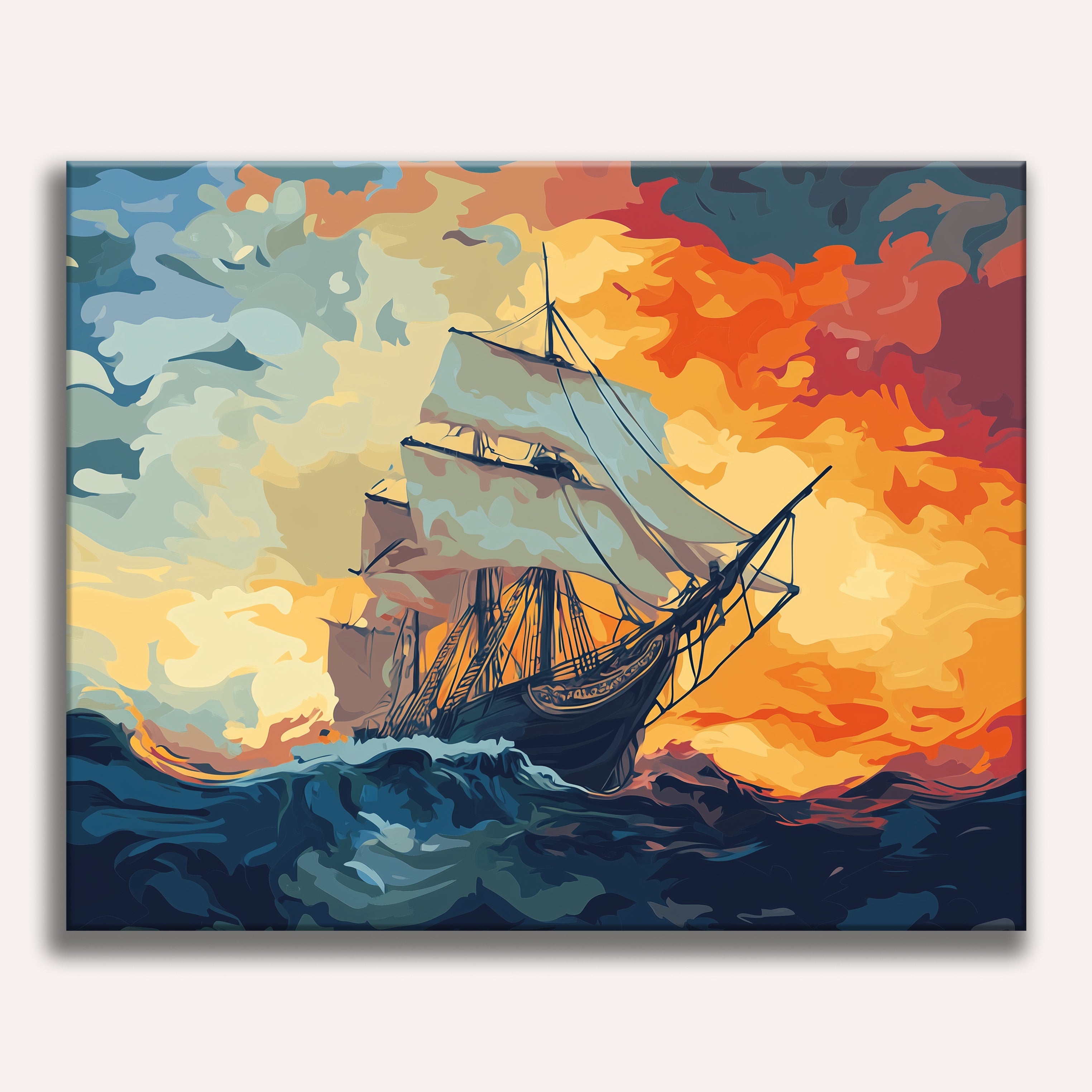 A large ship with tall masts, set against a dramatic sky with vibrant hues of orange and blue, suggesting either sunrise or sunset.