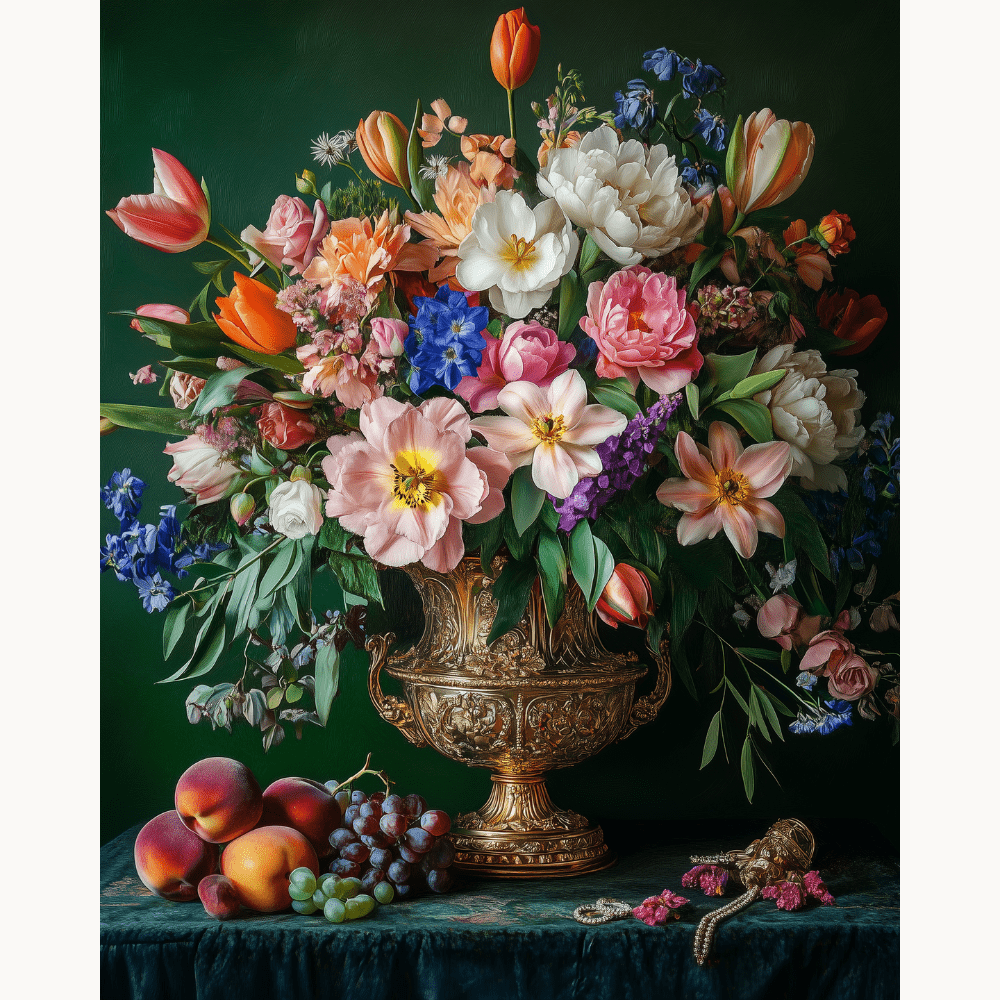 A vibrant bouquet of flowers in full bloom sits atop a gold-colored pedestal on a dark blue surface.