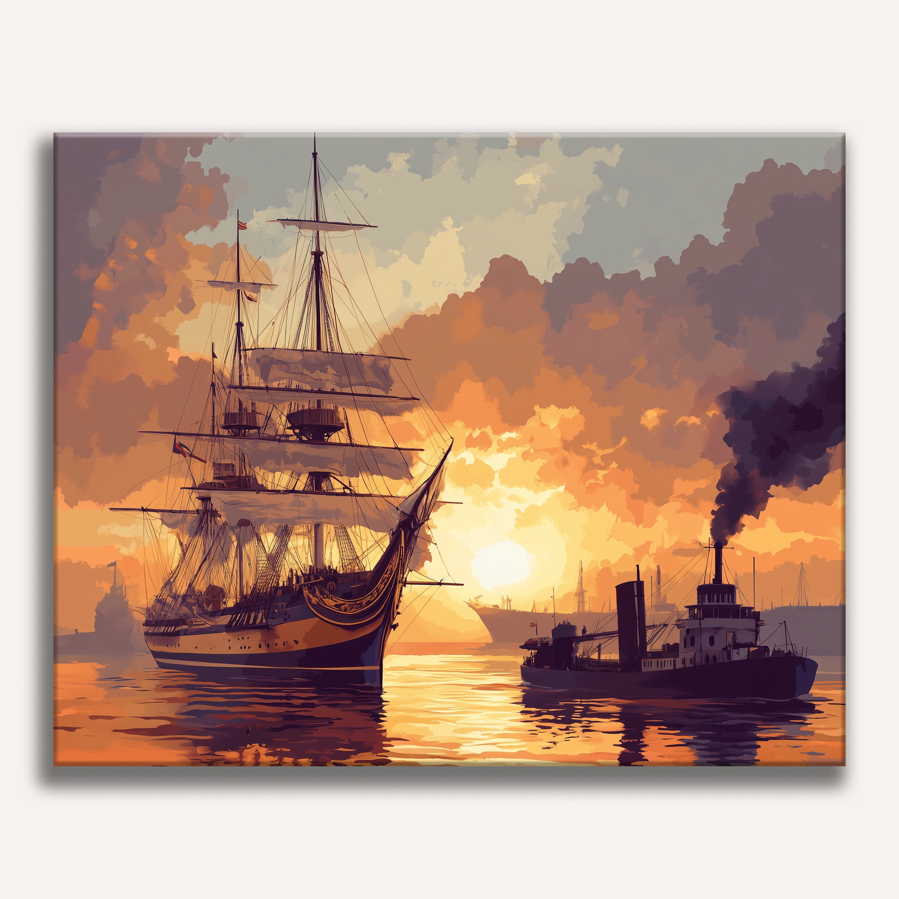 In the image, a large ship anchored at a harbor during sunset serves as the central focus.