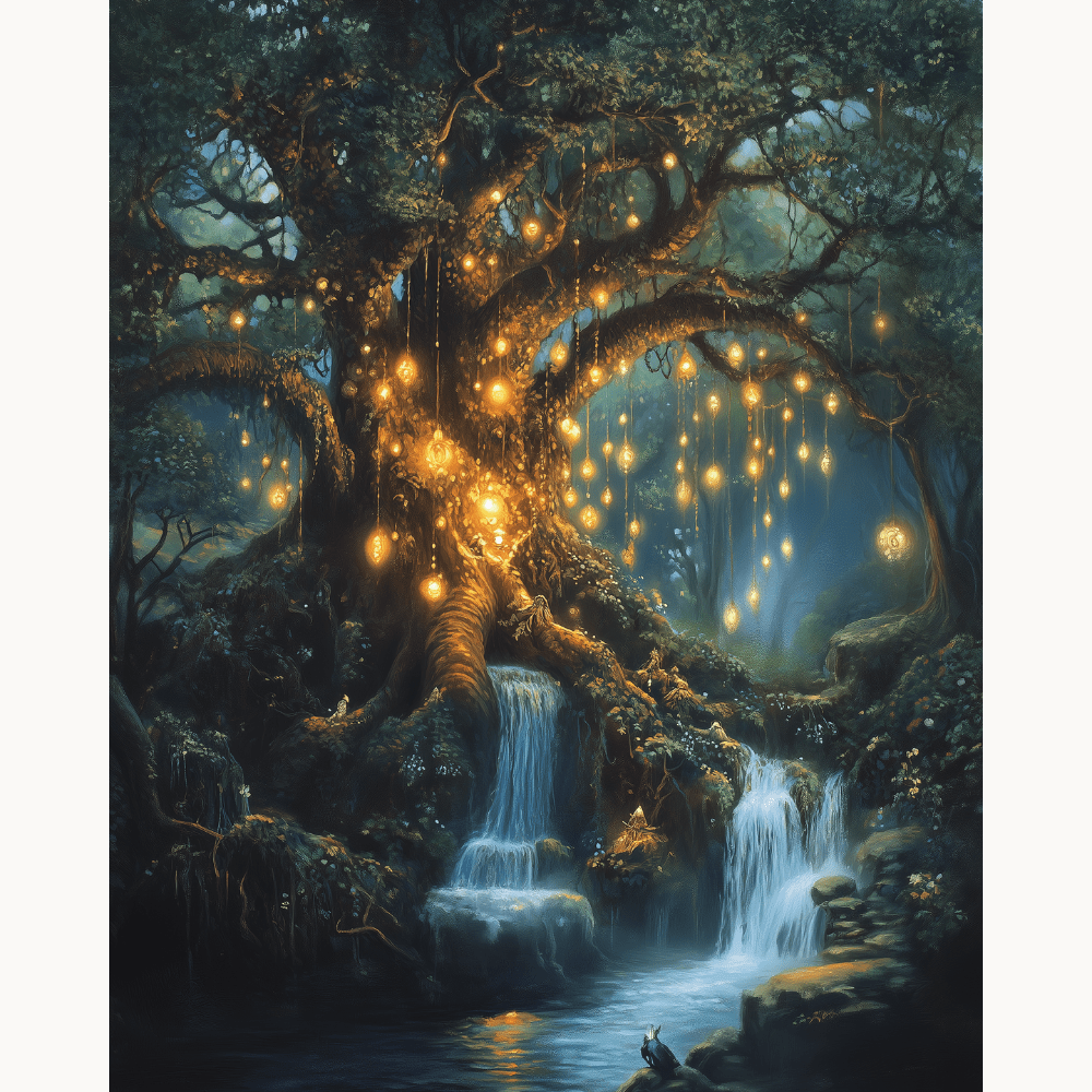 This is a vertical artwork depicting an enchanting forest scene at night.