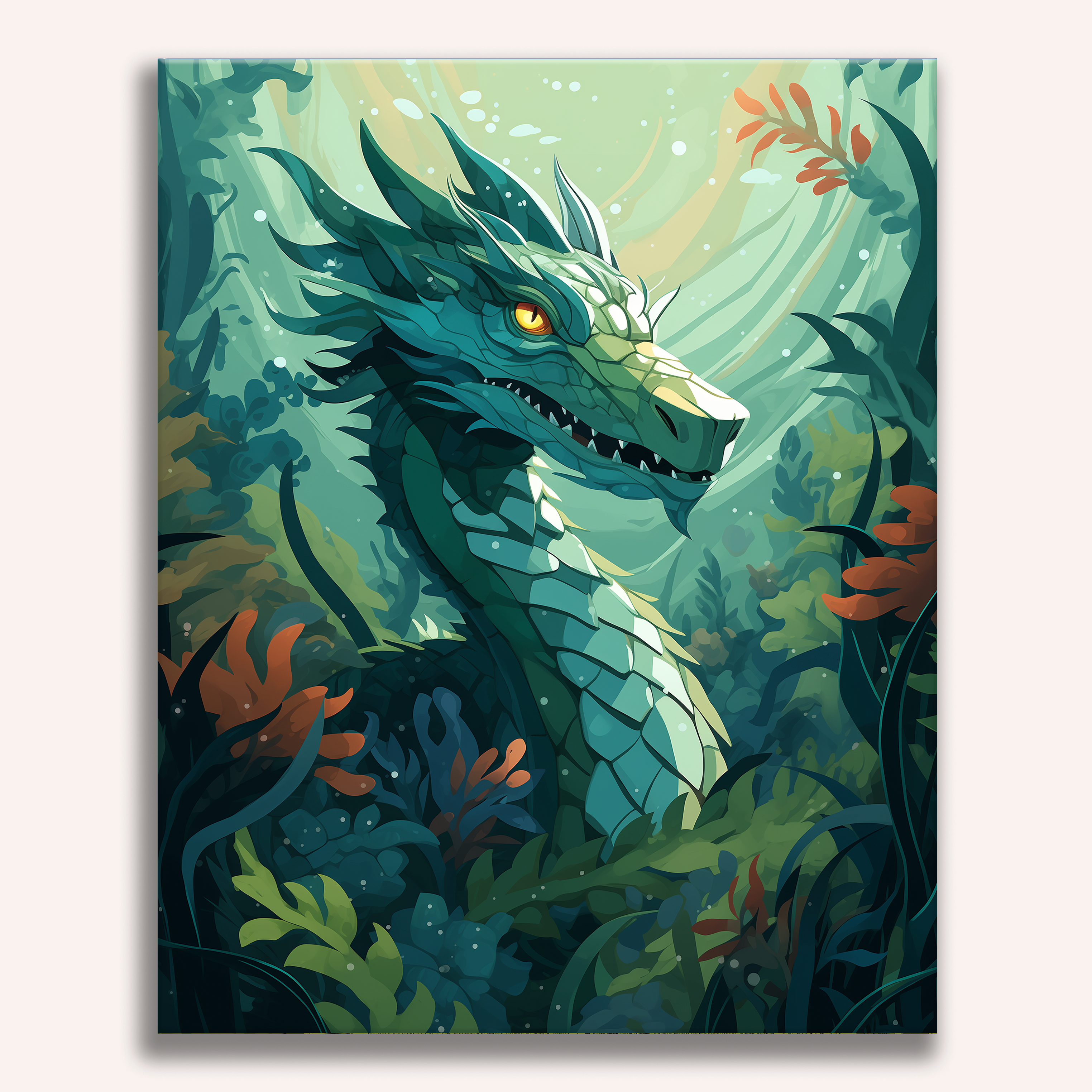 The image features a large fantasy dragon in the midst of a verdant jungle.