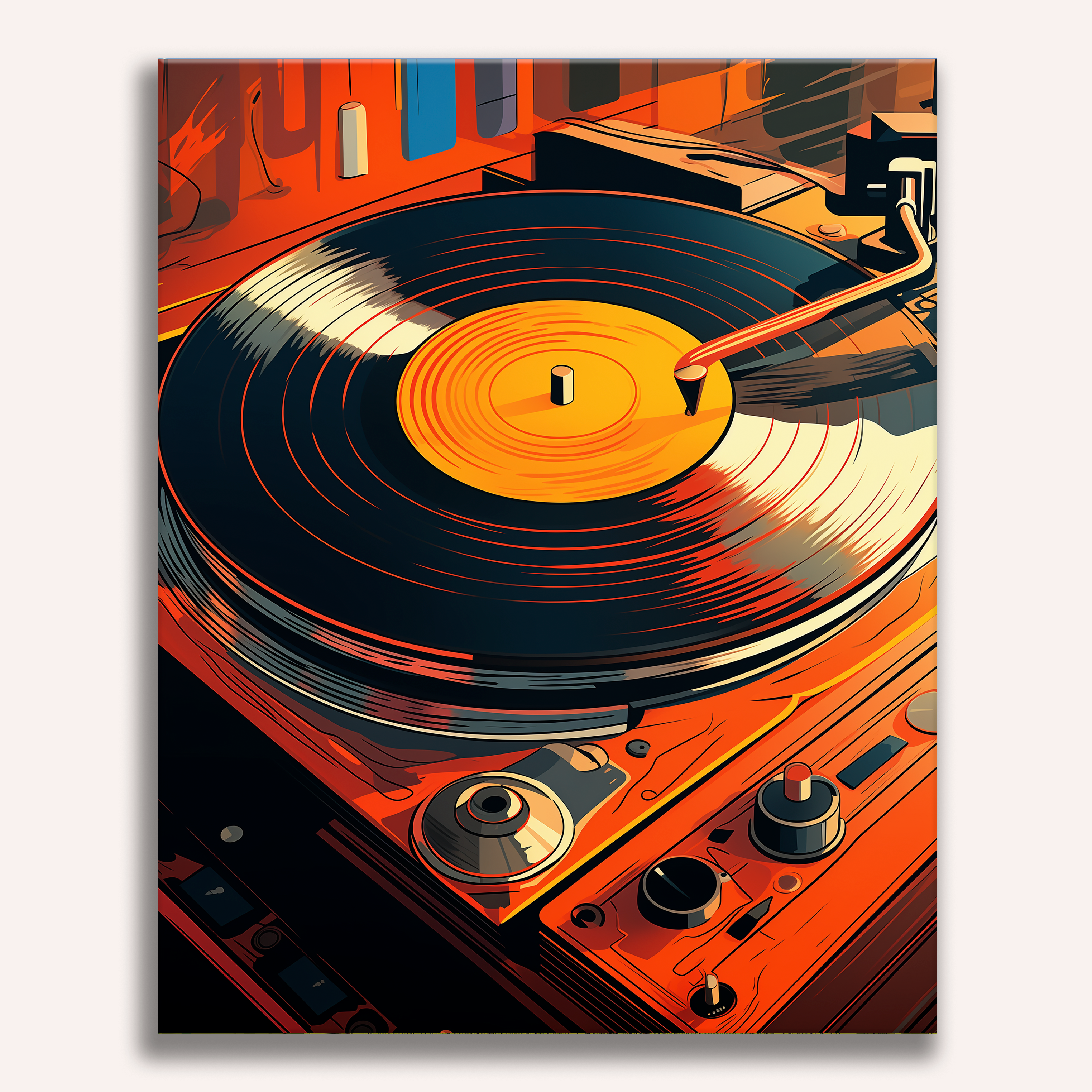 A stylized illustration depicts a vibrant turntable atop a wooden crate with records.