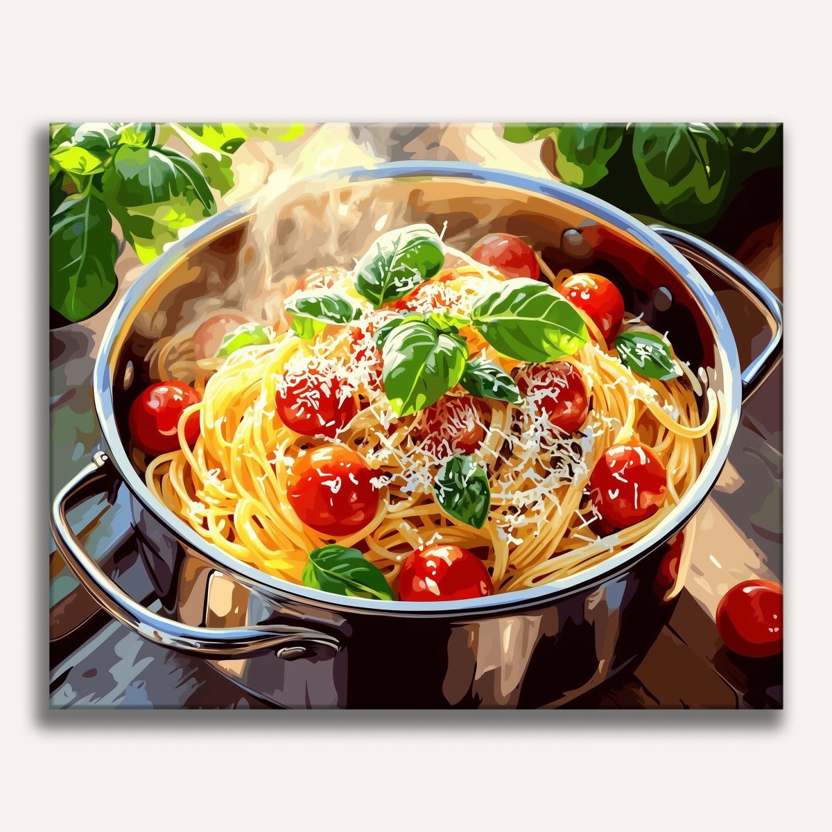 The image showcases a culinary scene featuring a large pot filled with cooked spaghetti, tomatoes, and basil leaves.